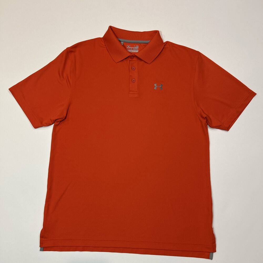 Under Armour Mens Shirt Size Large Orange Loose Fit Heatgear Golf Polo Logo